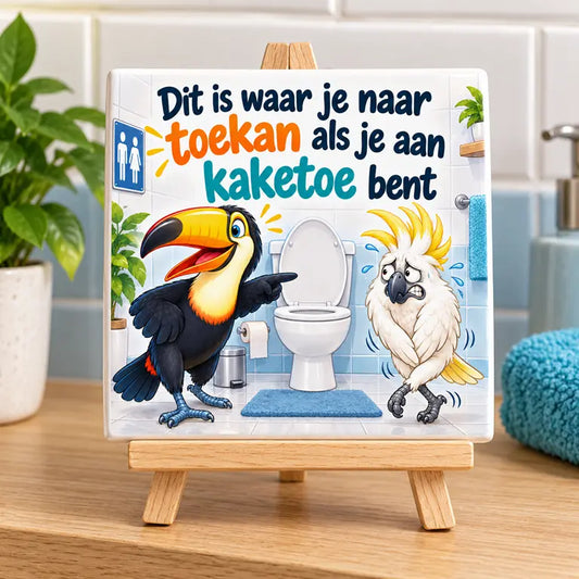 Grappig toilettegeltje met toekan en kaketoe op een houten standaard