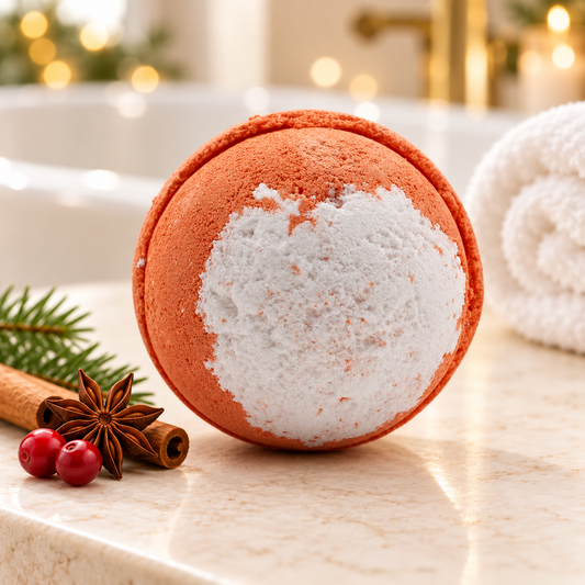 Oranjebruine Christmas Pudding jumbo bruisbal in een warme badkamer met subtiele kerstdecoratie