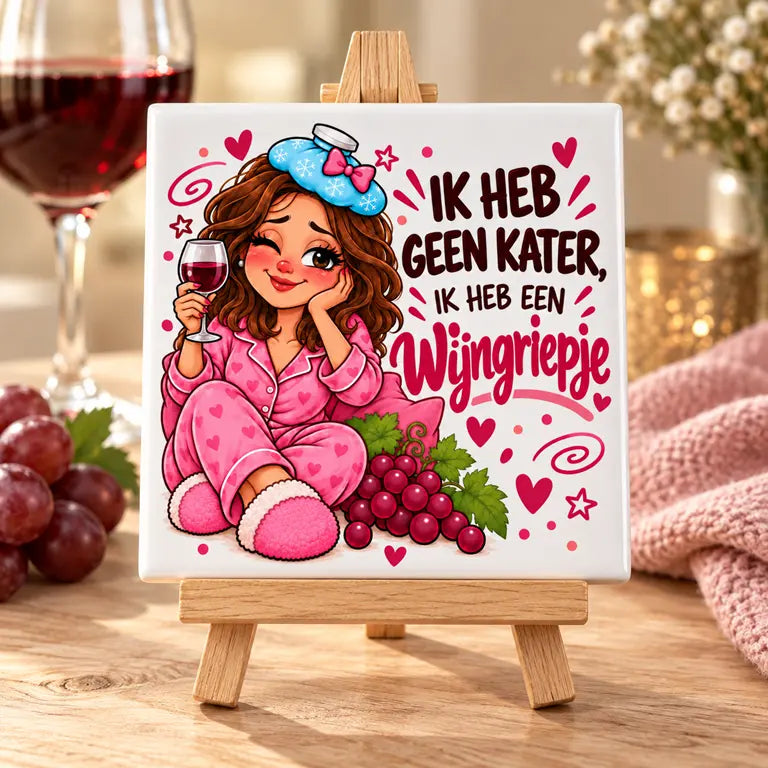 Grappig wijngriepje-tegeltje op een houten ezeltje met rode wijn en druiven.