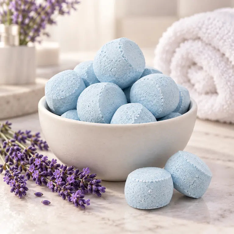 Lavendel Chill Pills bruisballen in een witte schaal
