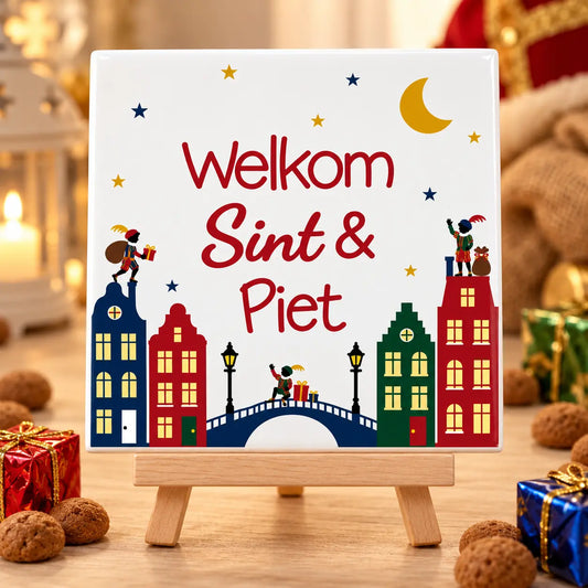 Welkom Sint en Piet Sinterklaas tegeltje met grachtenpanden op houten ezeltje