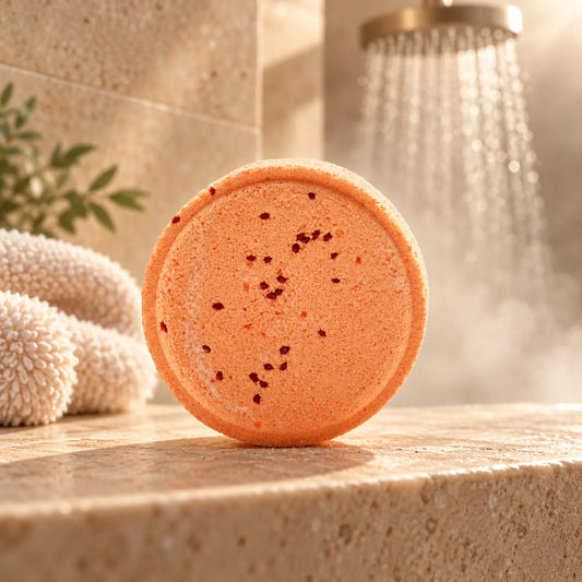 Vitaliteit Wervelwind oranje douche steamer in een warme, moderne doucheruimte.