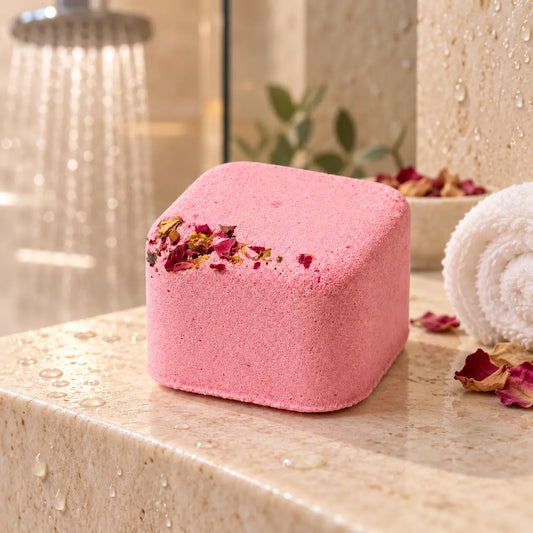 Roze douchestomer Stomende Douche met bloemblaadjes in een warme en ontspannende douchesfeer.