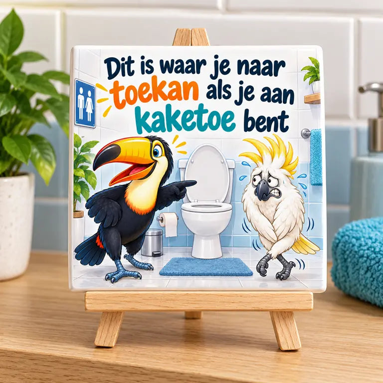 Grappig toilettegeltje met toekan en kaketoe op een houten standaard
