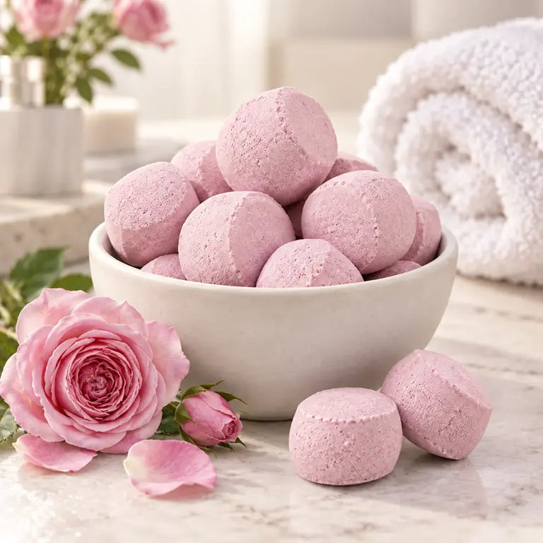 Roze Chill Pills in een witte schaal met rozenblaadjes