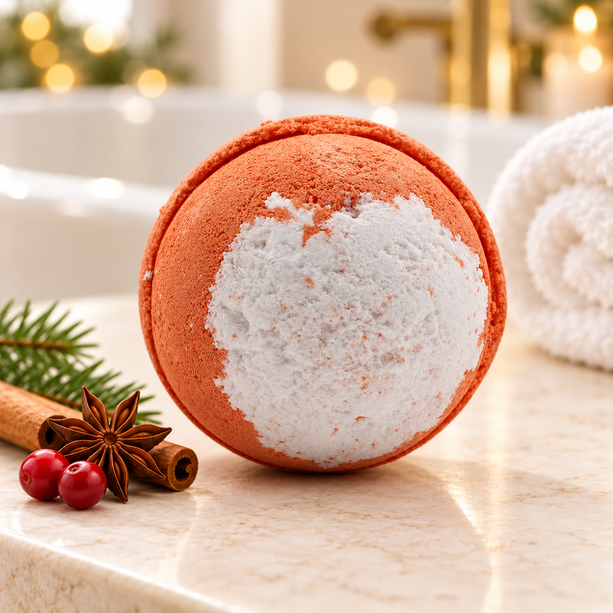 Oranjebruine Christmas Pudding jumbo bruisbal in een warme badkamer met subtiele kerstdecoratie