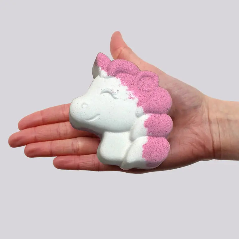 Kleurvariant van eenhoorn badbom met roze manen