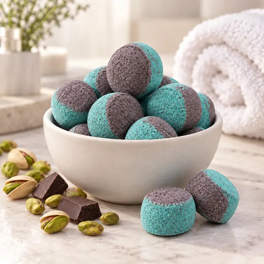 Emerald Truffle mini-badbommen in een witte schaal