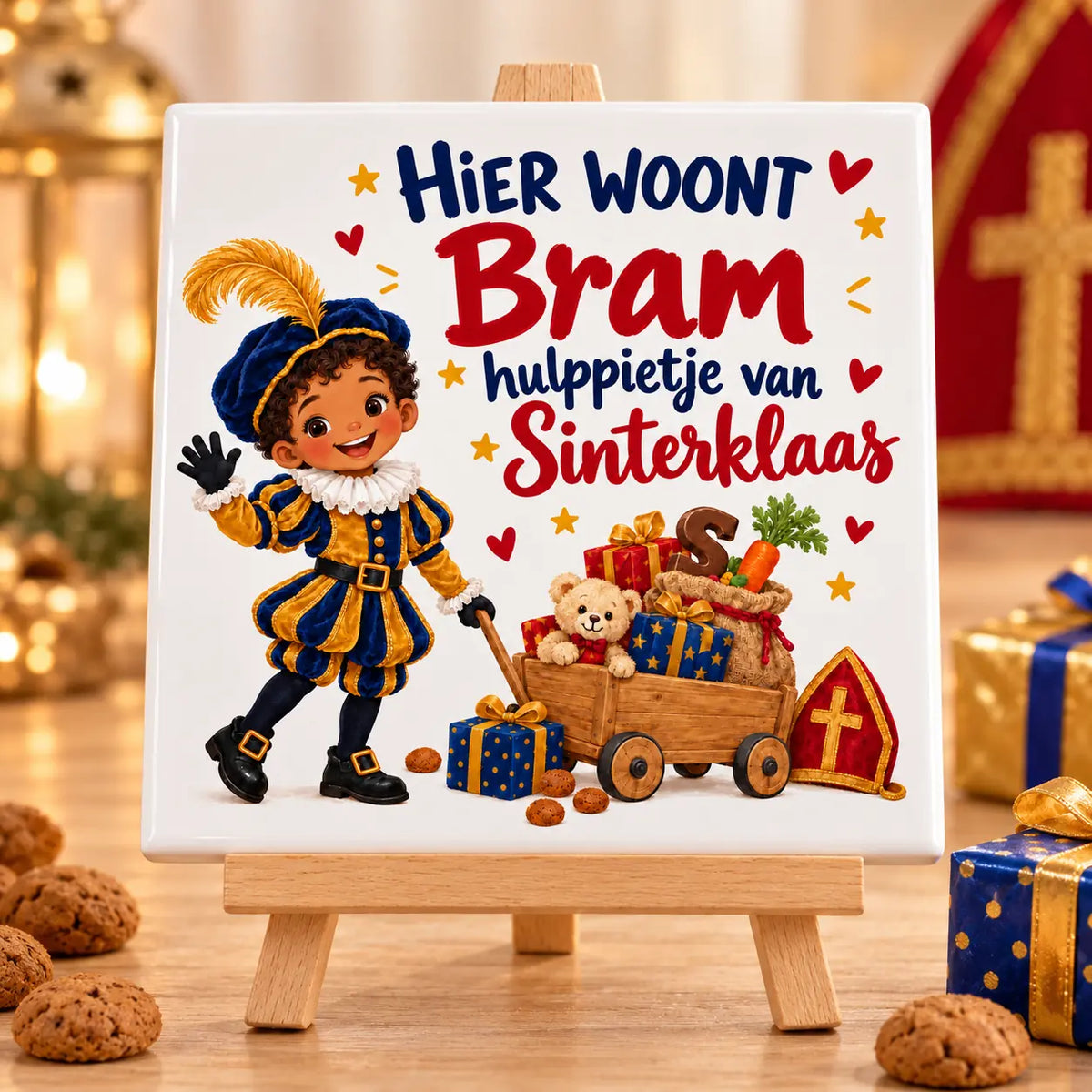 Gepersonaliseerd blauw Sinterklaas tegeltje met naam Bram op houten ezeltje