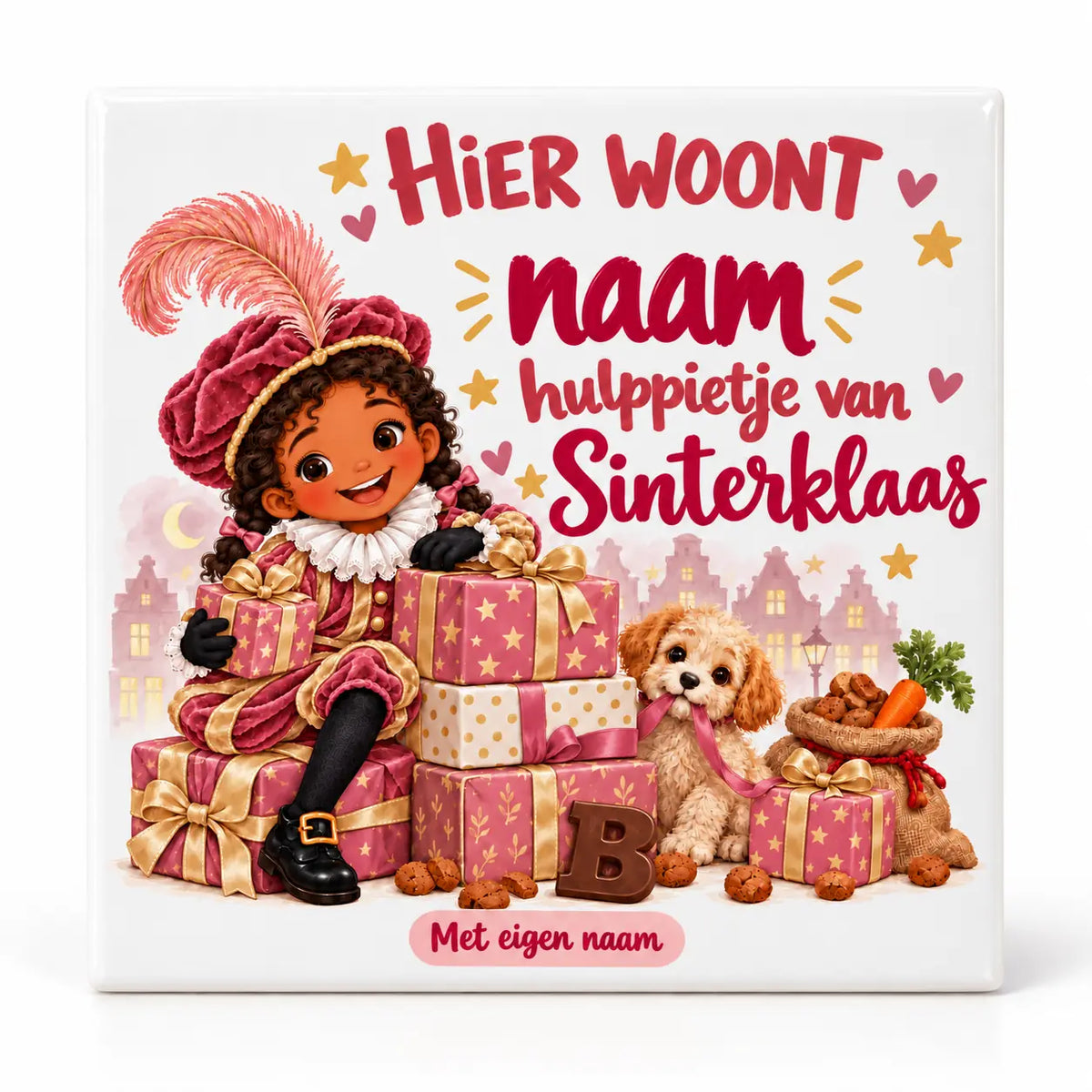 Gepersonaliseerd roze Sinterklaas-tegeltje voor een hulppietje met eigen naam