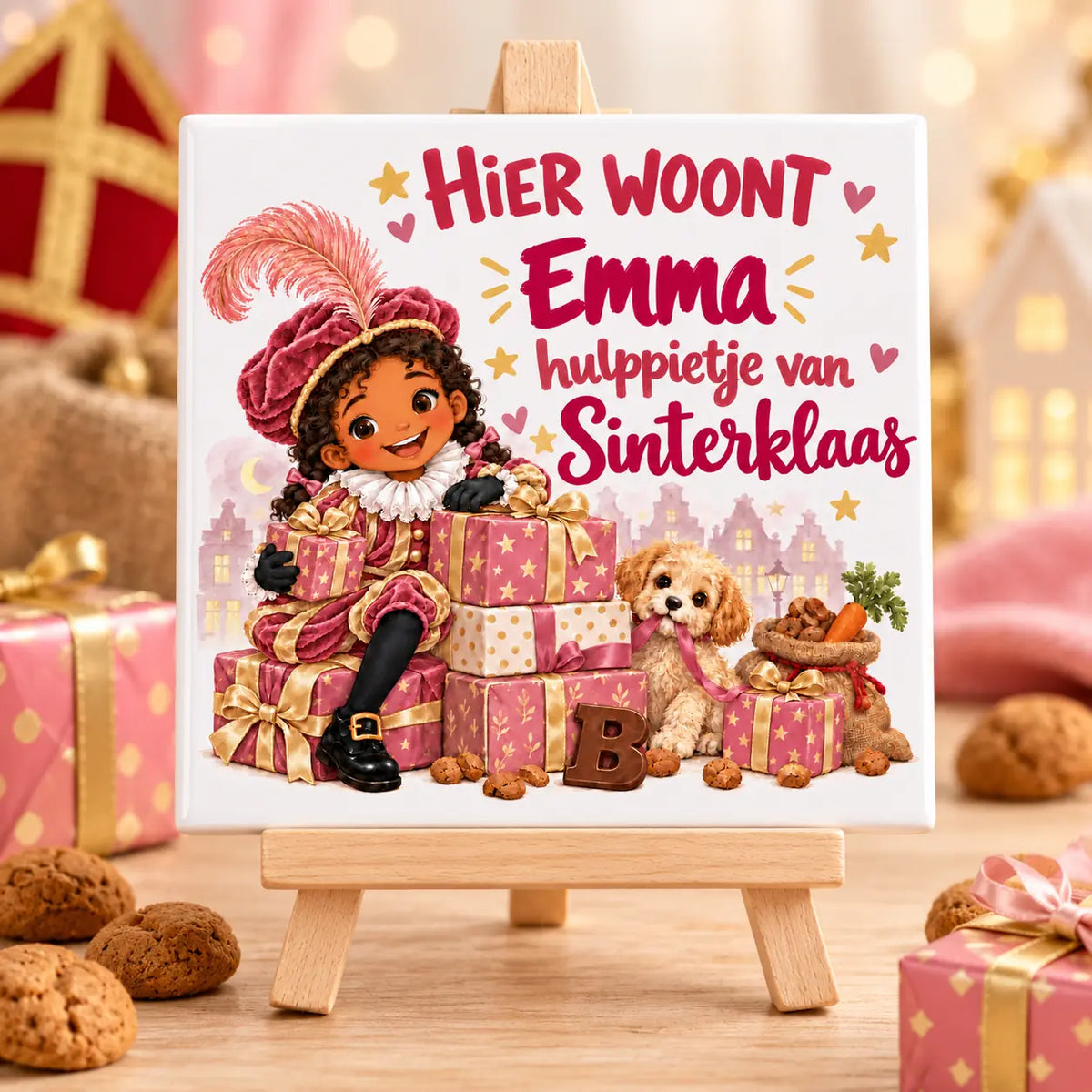 Roze Sinterklaas-tegeltje met de voorbeeldnaam Emma op houten ezeltje