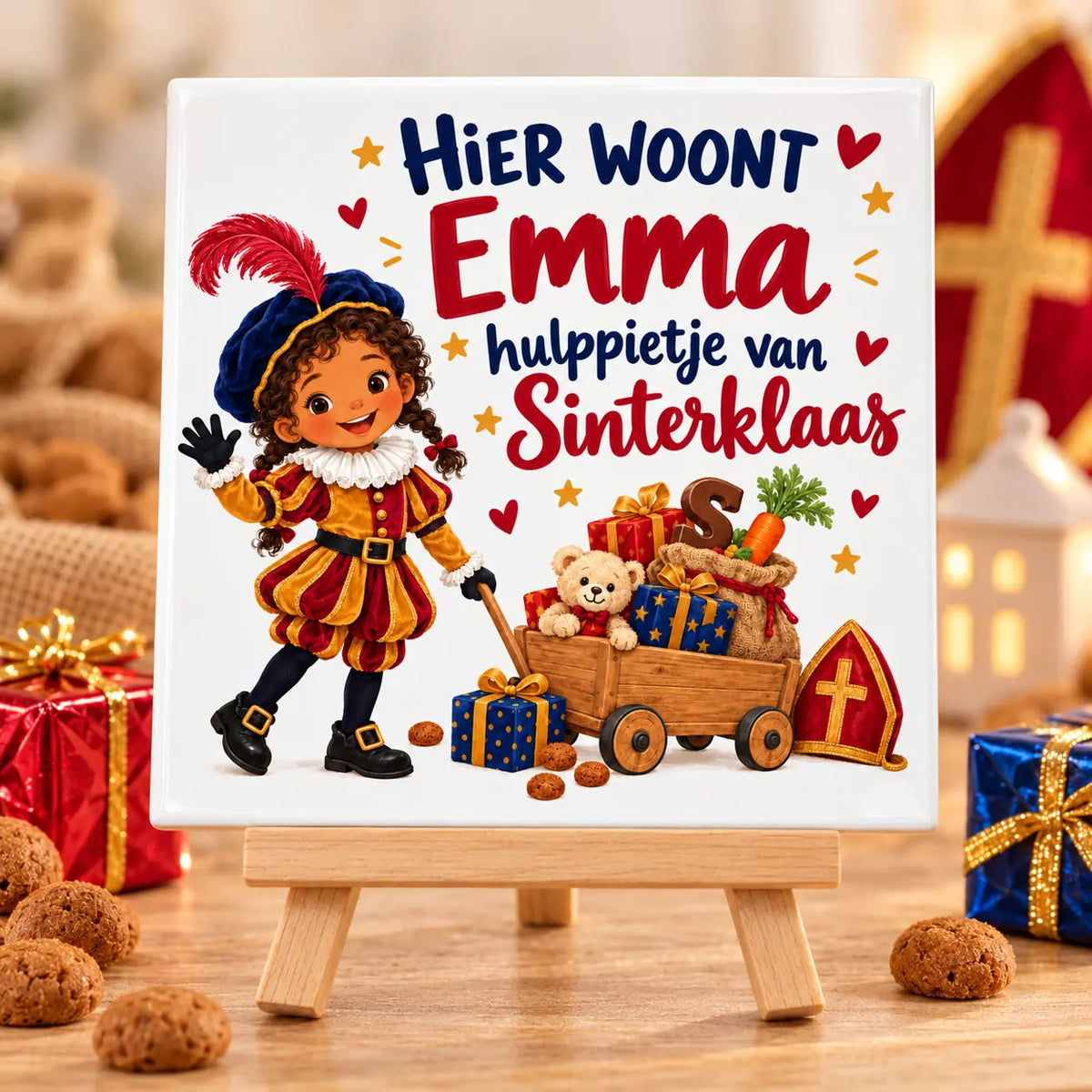 Gepersonaliseerd Sinterklaas tegeltje met naam Emma en handkar op houten ezeltje