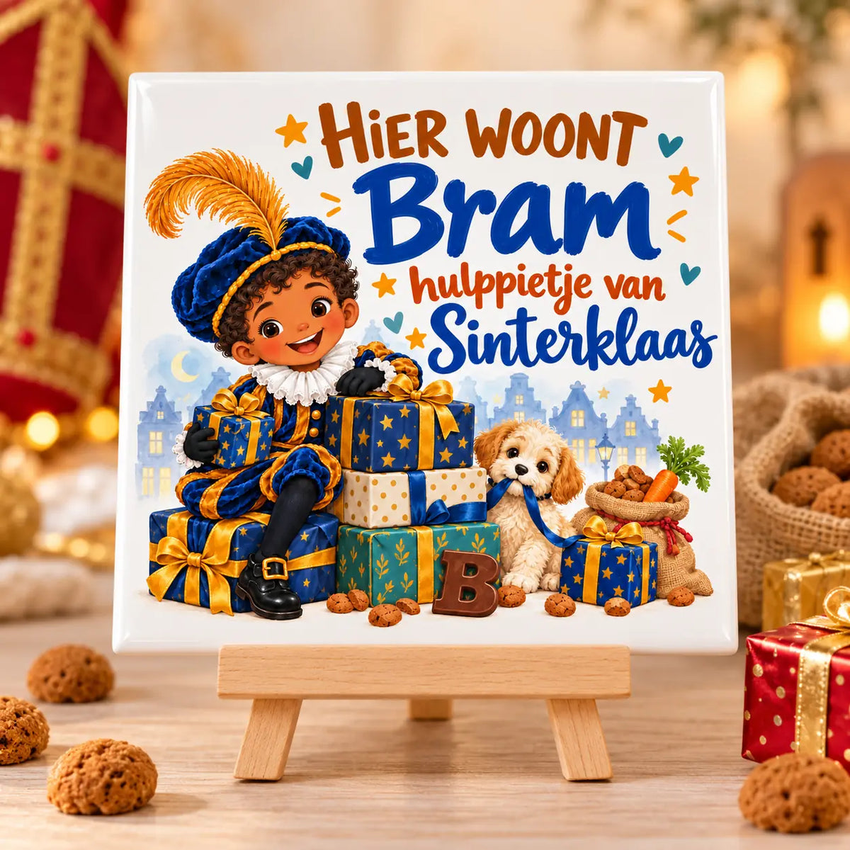 Gepersonaliseerd Sinterklaas-tegeltje met eigen naam op houten ezeltje