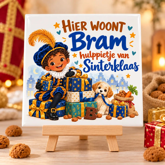 Gepersonaliseerd Sinterklaas-tegeltje met eigen naam op houten ezeltje