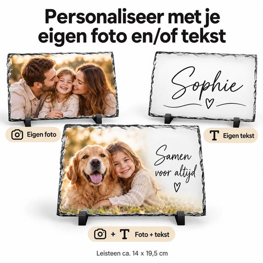 Gepersonaliseerde leisteen 14 x 19,5 cm met eigen foto en tekst