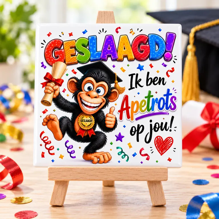 Kleurrijk geslaagd-tegeltje met afstudeeraap op een houten ezeltje in een feestelijke sfeer.