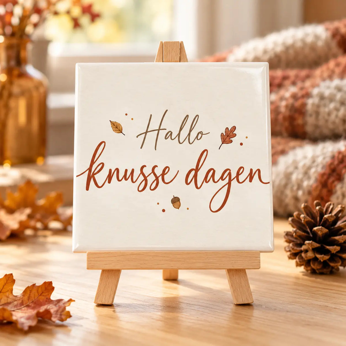 Herfst tegeltje Hallo knusse dagen op houten ezeltje in warme najaarssfeer