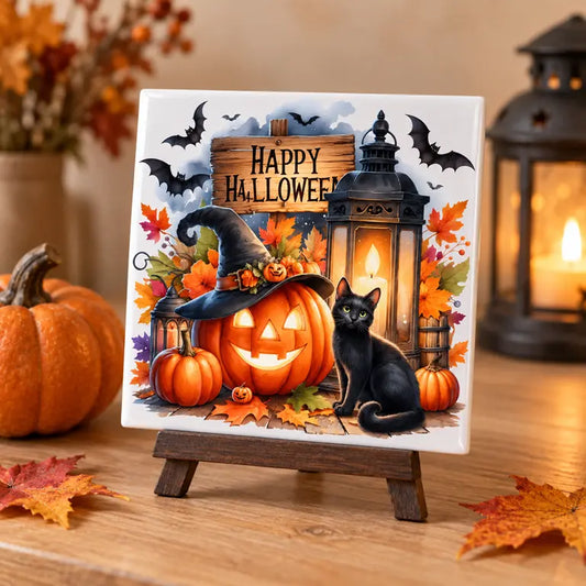 Halloween decoratie tegeltje met zwarte kat en pompoen op houten standaard