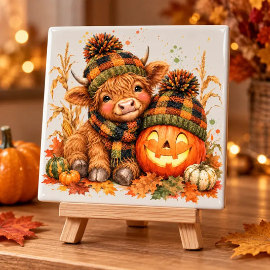 Highland Cow Halloween tegeltje met pompoen op houten standaard