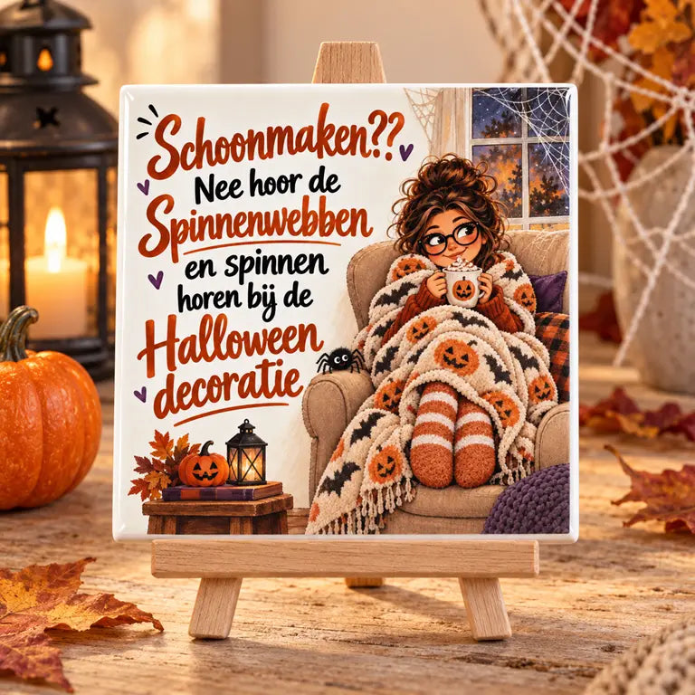 Grappig Halloween-tegeltje op een houten ezeltje met pompoen, lantaarn en herfstdecoratie.