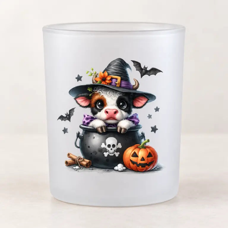Matglazen Halloween theelichthouder met kalfje, heksenhoed, ketel en pompoen