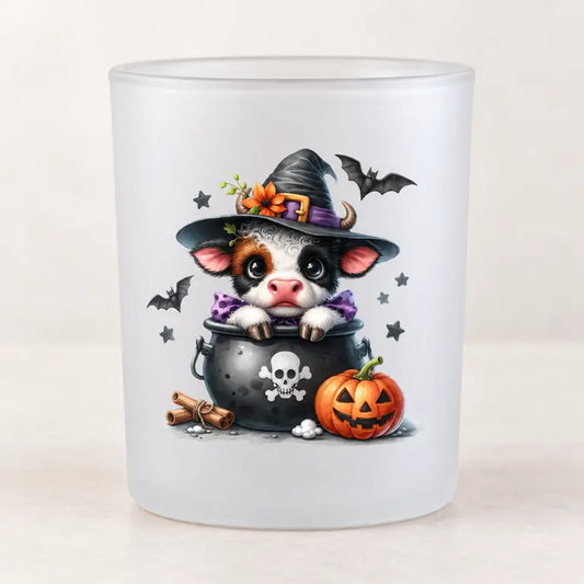 Matglazen Halloween theelichthouder met kalfje, heksenhoed, ketel en pompoen