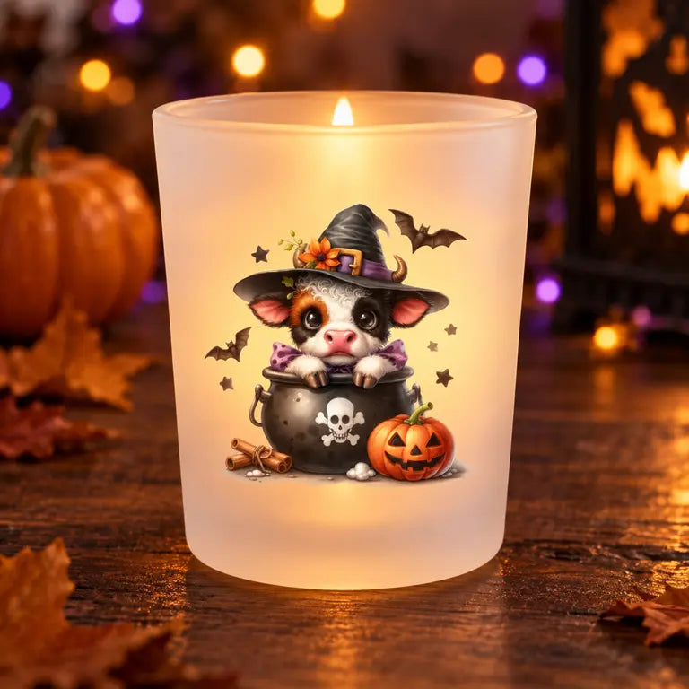Brandende Halloween theelichthouder met kalfje in heksenhoed en pompoen