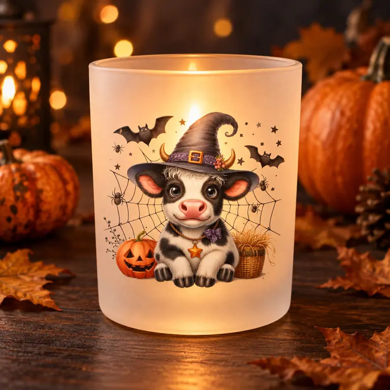 Brandende Halloween-theelichthouder met kalfje in heksenhoed in een warme herfstsfeer