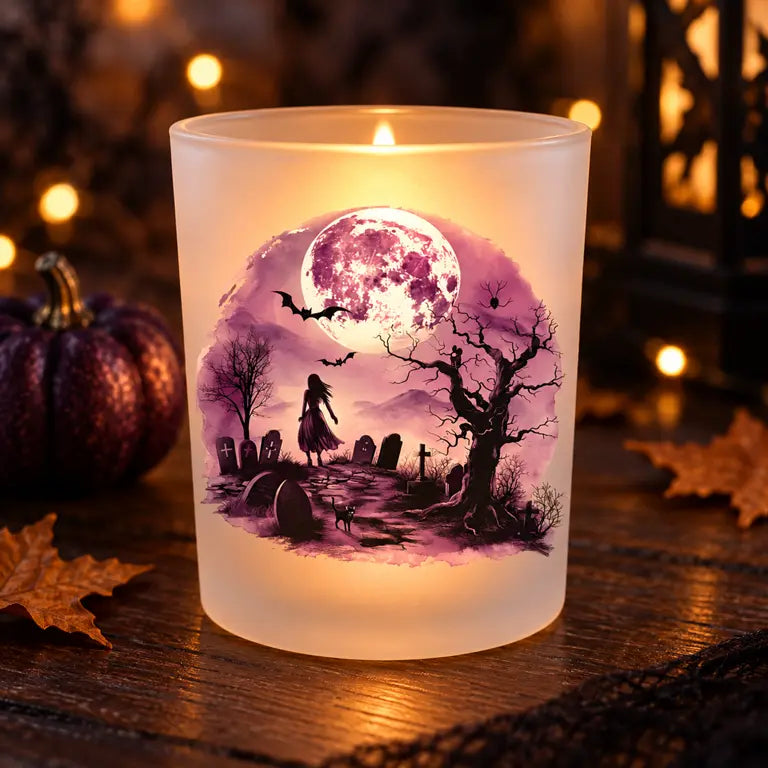 Brandende Halloween theelichthouder met paarse maan en spookachtig kerkhof