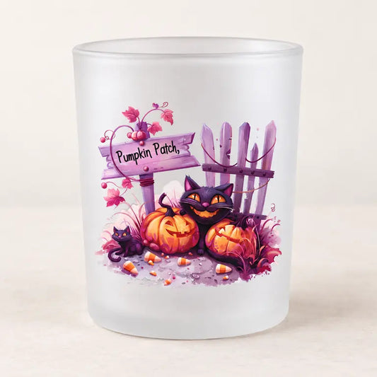 Matglazen Halloween theelichthouder met Pumpkin Patch, paarse katten en pompoenen