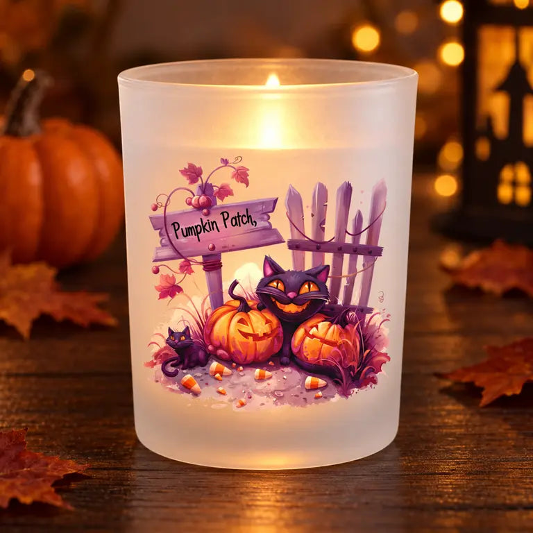 Brandende Pumpkin Patch theelichthouder met Halloweenkatten en pompoenen