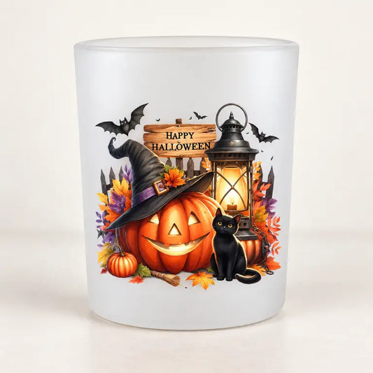 Matglazen Happy Halloween theelichthouder met pompoen, heksenhoed en zwarte kat