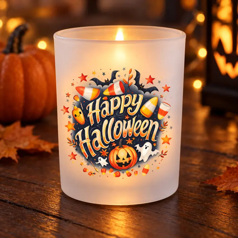 Brandende Happy Halloween theelichthouder met pompoen, spookjes en snoepjes