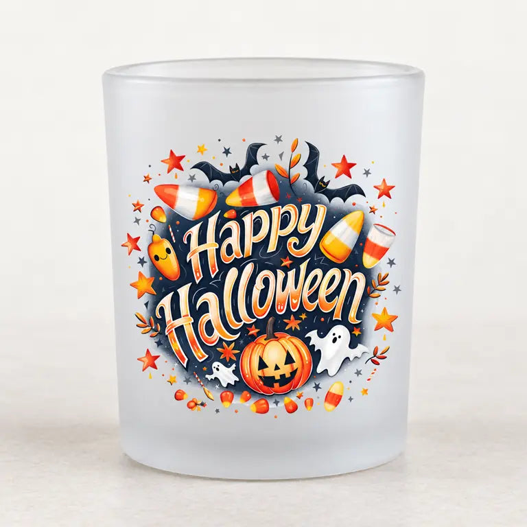 Matglazen Happy Halloween theelichthouder met snoepjes, vleermuizen en pompoen