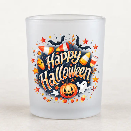 Matglazen Happy Halloween theelichthouder met snoepjes, vleermuizen en pompoen