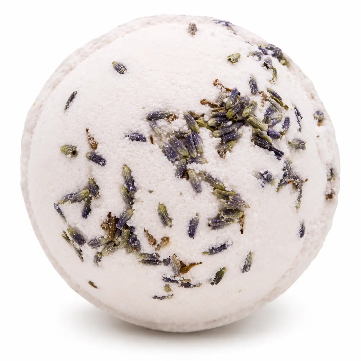 Witte Himalaya Zout Badbom Relax 180 g met gedroogde lavendel op een lichte achtergrond