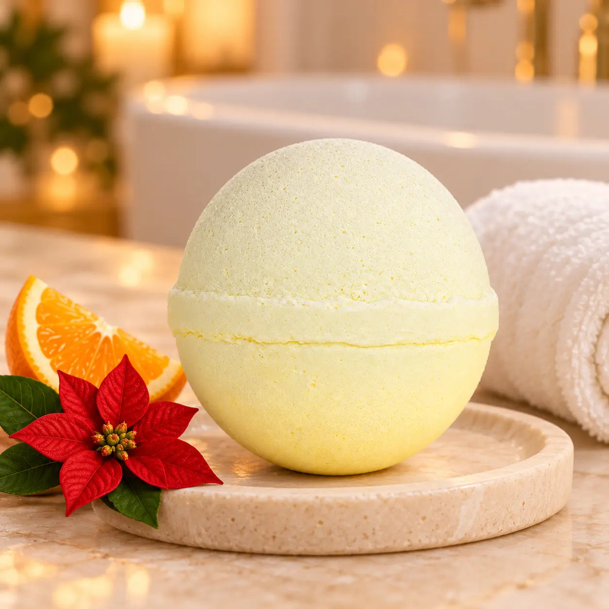 Kerstster & Sinaasappel jumbo bruisbal met sheaboter in een warme badkamersfeer