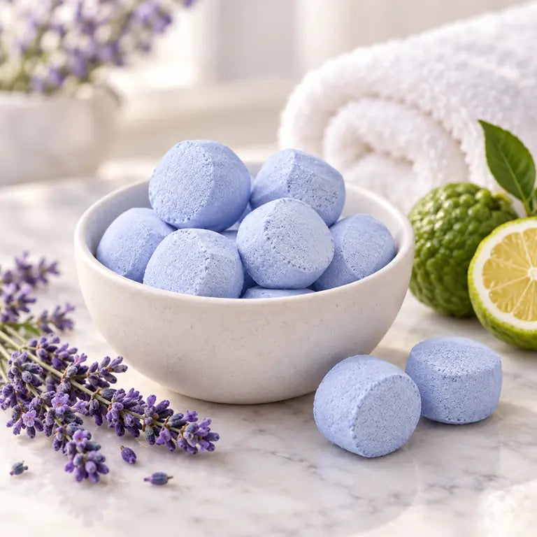 Lavendel en bergamot Chill Pills in een witte schaal