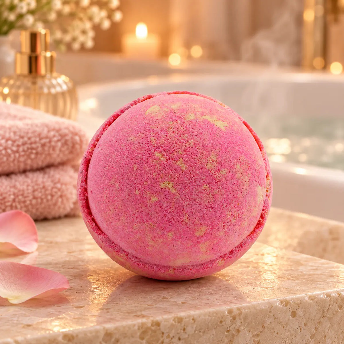 Parfum nr. 5 bruisbal voor haar in een luxe roze en goudkleurige badkamersfeer.