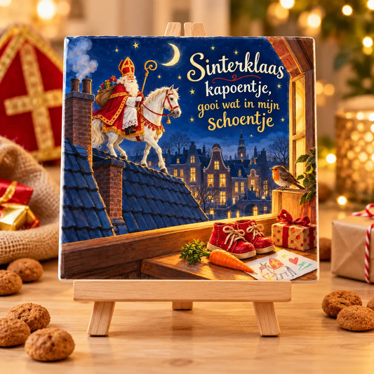 Sinterklaas kapoentje tegeltje op houten ezeltje in gezellige Sinterklaassfeer