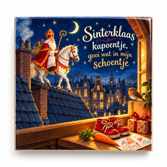 Sinterklaas kapoentje tegeltje met Sinterklaas op paard boven de daken 10,8 x 10,8 cm