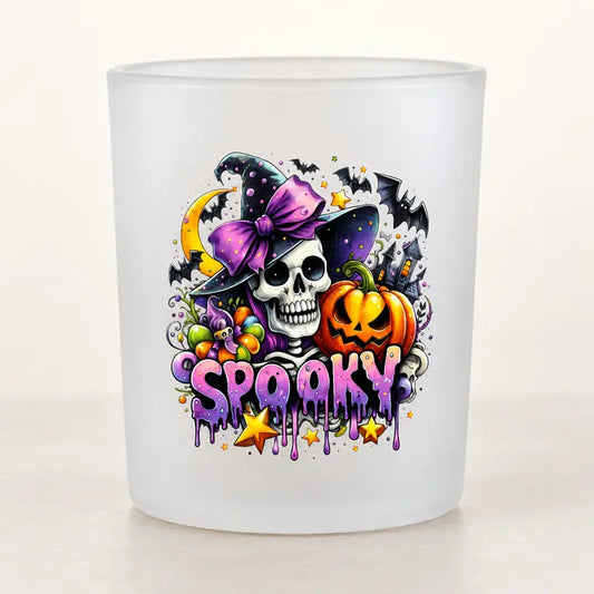 Matglazen Spooky Halloween theelichthouder met schedel, heksenhoed en pompoen