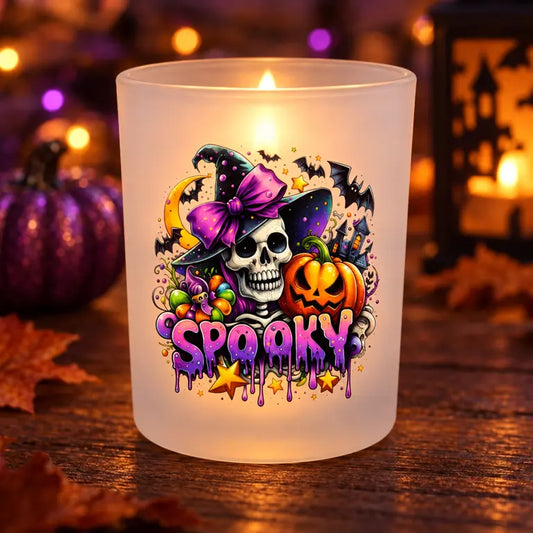 Brandende Spooky theelichthouder met schedel, pompoen en paarse heksenhoed