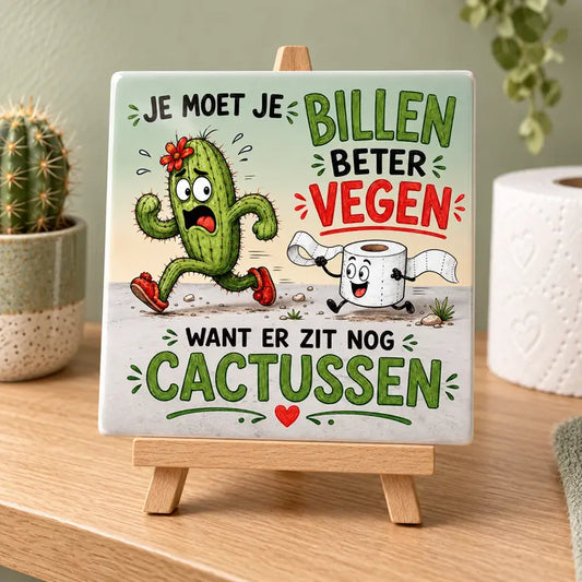 Grappig wc-tegeltje met cactus en toiletpapier op een houten standaard