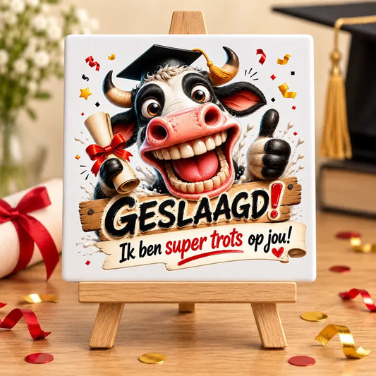 Geslaagd-tegeltje met vrolijke koe op een houten standaard in feestelijke afstudeersfeer