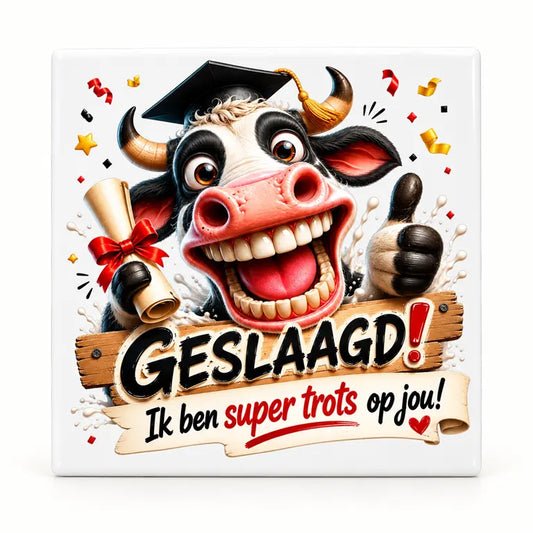 Keramisch geslaagd-tegeltje met vrolijke koe, diploma en tekst Ik ben super trots op jou