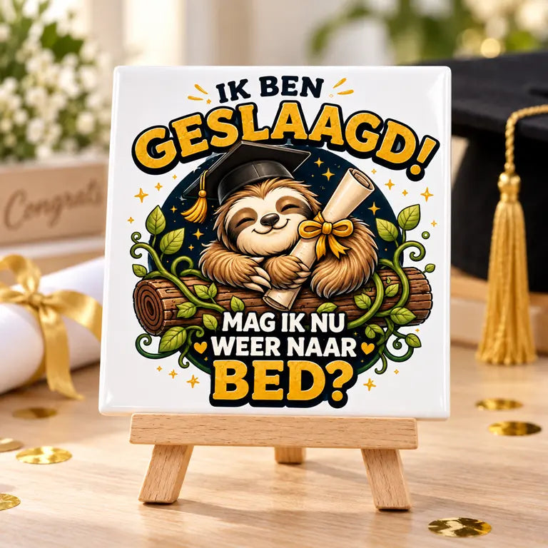 Geslaagd-tegeltje met luiaard op houten ezeltje in een feestelijke afstudeersfeer.