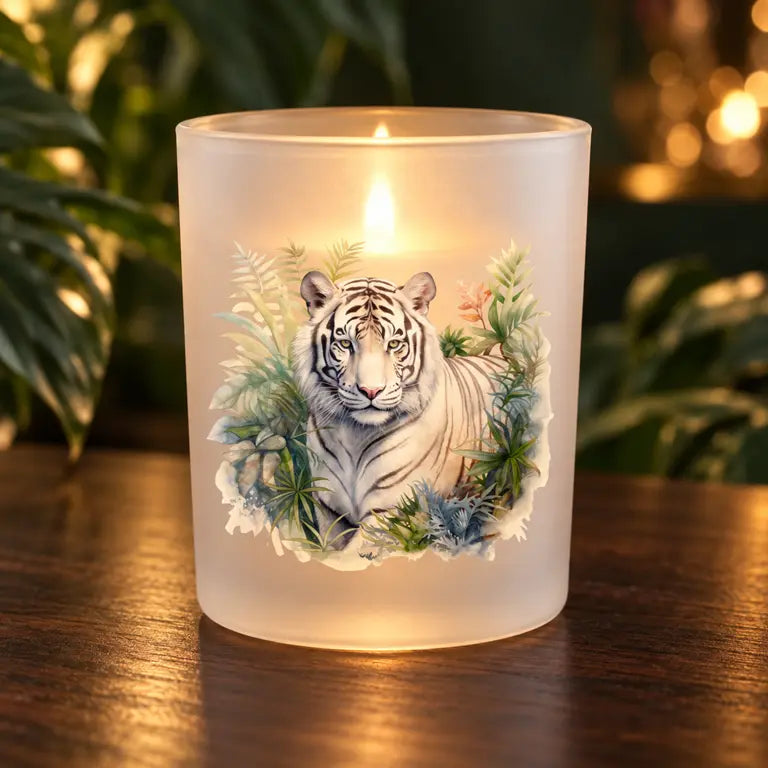 Brandende theelichthouder met liggende witte tijger in een warme botanische sfeer