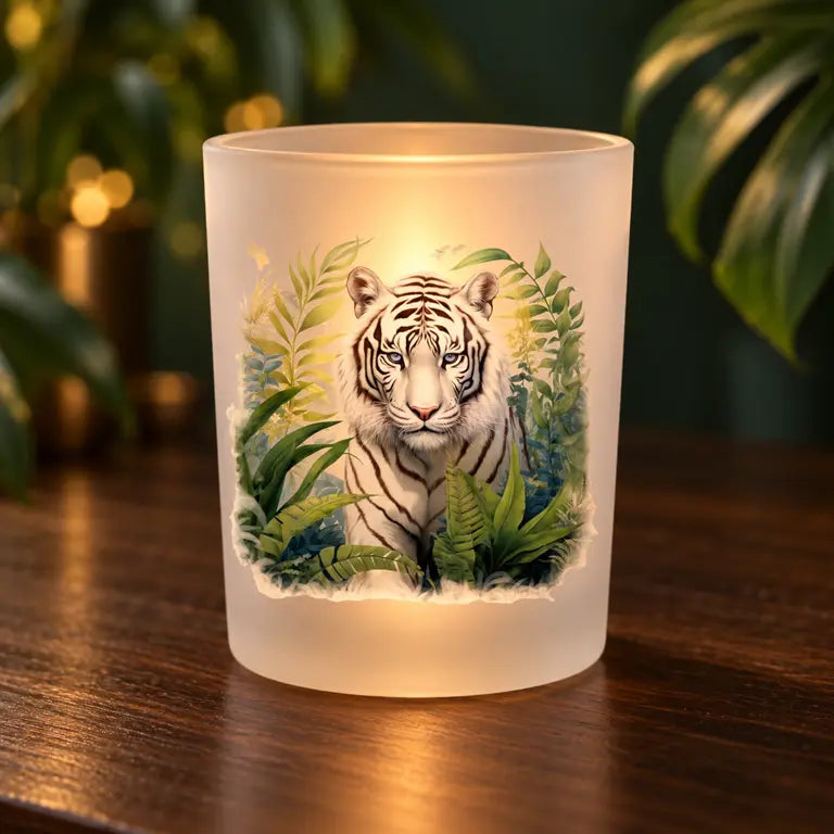 Brandende theelichthouder met witte tijger in een warme botanische sfeer