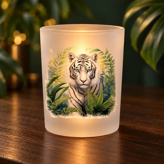 Brandende theelichthouder met witte tijger in een warme botanische sfeer